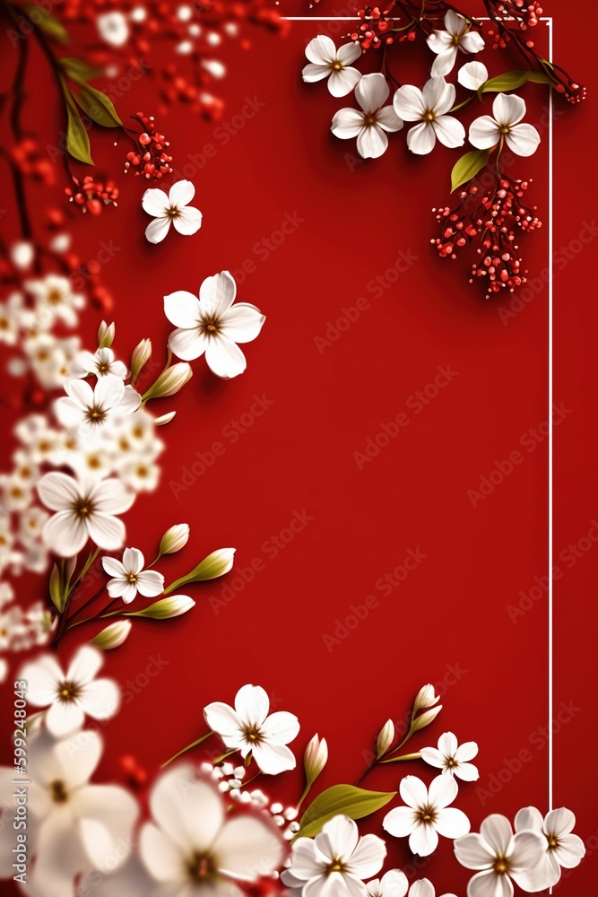 Gift card flower border red background, spring floral frame with space.
