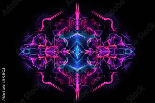 Neon glitch. Digital design. Futuristic kaleidoscope. Purple pink blue color UV light liquid crystal artifacts symmetrical pattern on dark black abstract illustration background