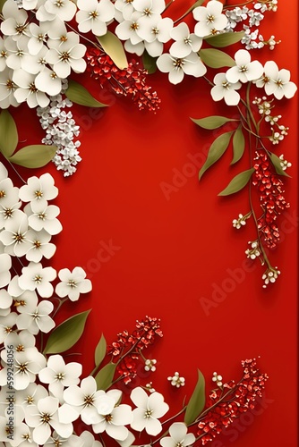 Gift card flower border red background, spring floral frame with space. 