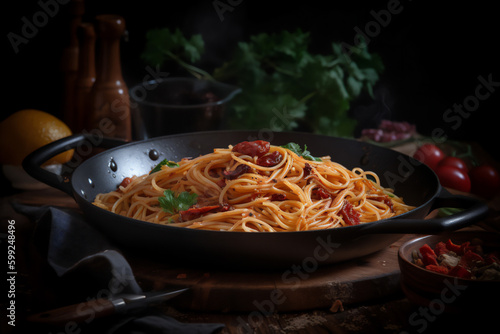 Sun-Dried Tomato Pasta in a frying pan photoreal  generativ ai