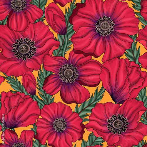 Pattern with red poppy flowers. Watercolor seamless pattern with wild red poppies. Red Poppies Seamless Pattern. Perfect for wallpapers, web page backgrounds, surface textures, textile.