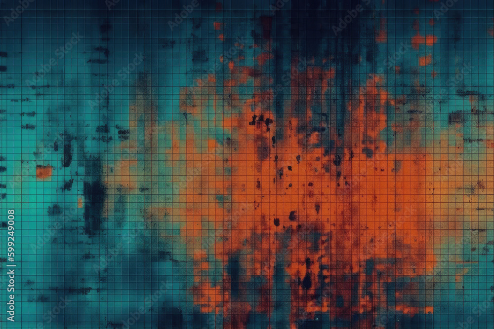 Distressed screen. Old film. Glitch texture. Blue orange color noise dust scratches dirt stains on dark grunge abstract illustration background