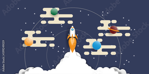 Rocket launch  to sky  above  clouds on blue background , Space ship  flying to  galaxy with  planet  star ,Flat style vector illustration,Business new project start up strategy  Concept
