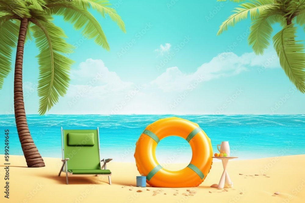 Obraz premium Summer beach holiday travel background palm tree with chair and inflatable ring on sand stock