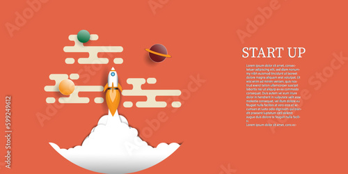 Rocket launch  to sky  above  clouds on orange background , Space ship  flying to  galaxy with  planet  star ,Flat style vector illustration,Business new project start up strategy  Concept
