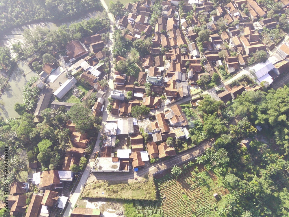 Aerial Photography. Scenic view of residential area in Pangradinan mountain valley. Location place in Cikancung, on the outskirts of Bandung Region - Indonesia