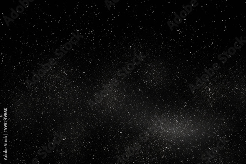 Dust texture. Grain overlay. Night stars. Galaxy stardust. White shiny glitter powder particles on dark black abstract background
