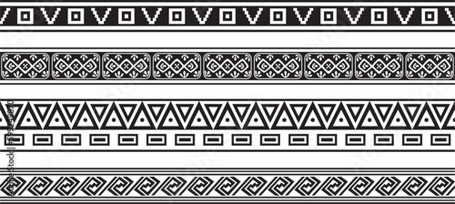 Vector set of seamless monochrome national native american ornaments. Endless ethnic black borders, frames of the peoples of America, Aztec, Maya, Incas. For sandblasting, plotter and laser cutting..