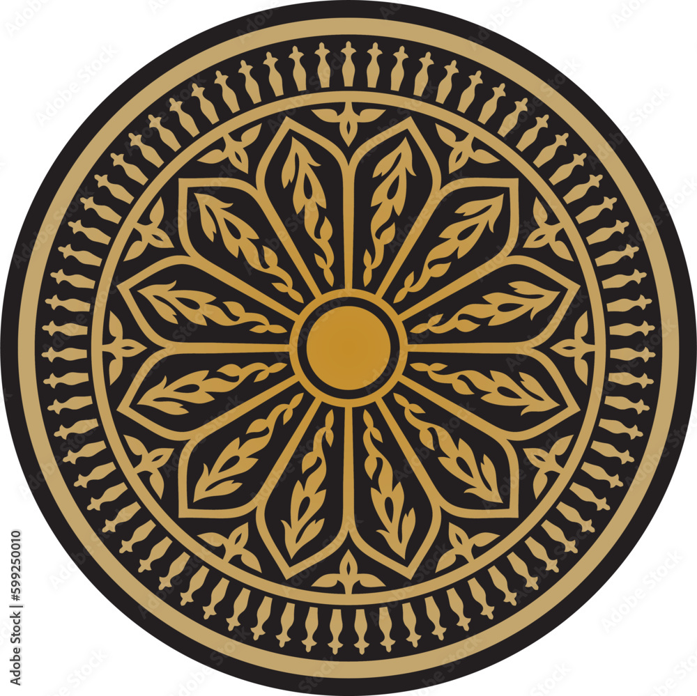 Vector gold and black arabic national round ornament. Ethnic circle, eastern and african peoples of asia, persia, iran, iraq, syria.