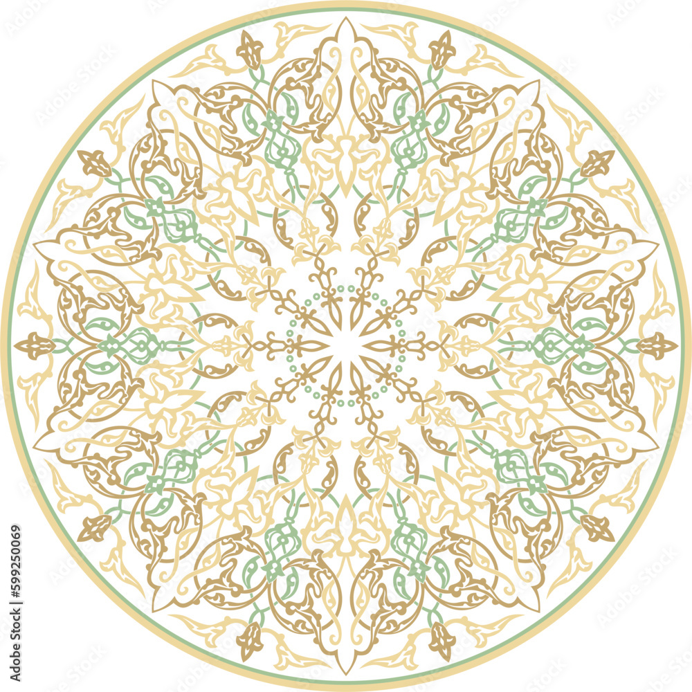 Vector colored Turkish classical circle ornament Green with gold on a white background muslim round pattern..