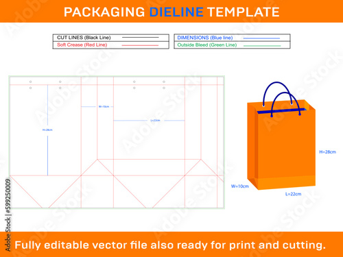 Custom Paper Shopping Bag  22x10x28 cm Dieline Template