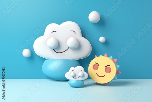 Vector sun and cloud on blue sky. Toy cartoonish realistic icon set. Carefully layered and grouped for easy editing