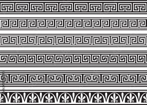 Set of vector monochrome seamless greek classic ornament. Pattern for a border and a frame. Ancient Greece and the Roman Empire. Endless black meander..