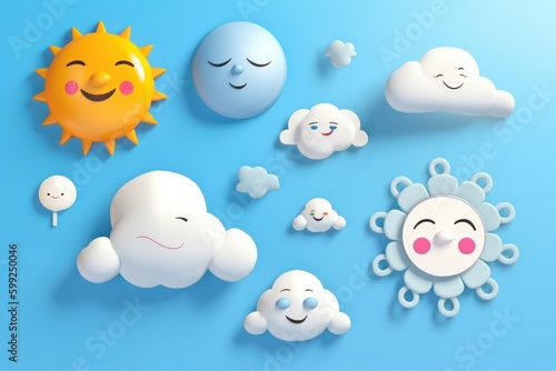Vector sun and cloud on blue sky. Toy cartoonish realistic icon set. Carefully layered and grouped for easy editing