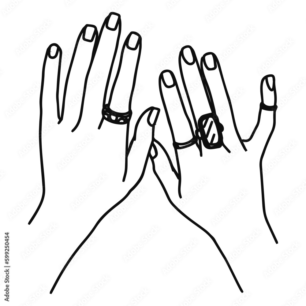 Hands with rings drawn in line art style. Vector illustration. Hands with rings drawn in line art style. Vector illustration.