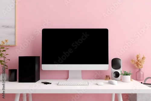 pink wall and mockup of IMac on desk with computer photo