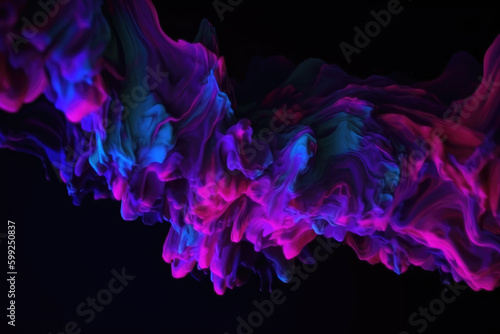 Digital fluid. Neon glitch. LCD display defect. Fluorescent purple blue pink color light liquid crystal splash noise pattern on dark futuristic abstract illustration background