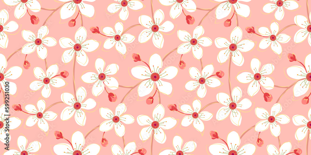 Abstract floral seamless pattern. Cherry blossom, flowers hand drawing background. Spring sakura flower branches print design Abstract floral seamless pattern. Cherry blossom, flowers hand drawing background. Spring sakura flower branches print design