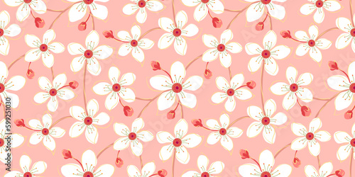 Abstract floral seamless pattern. Cherry blossom, flowers  hand drawing background. Spring sakura flower branches print design