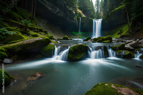 peaceful and natural aesthetic waterfall in the forest