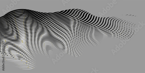 Mountain landscape effect in monochrome banner with grid moire geometric. Metaverse concept vector background for wall art, panel, poster, web banner, mobile apps, interior decor. 