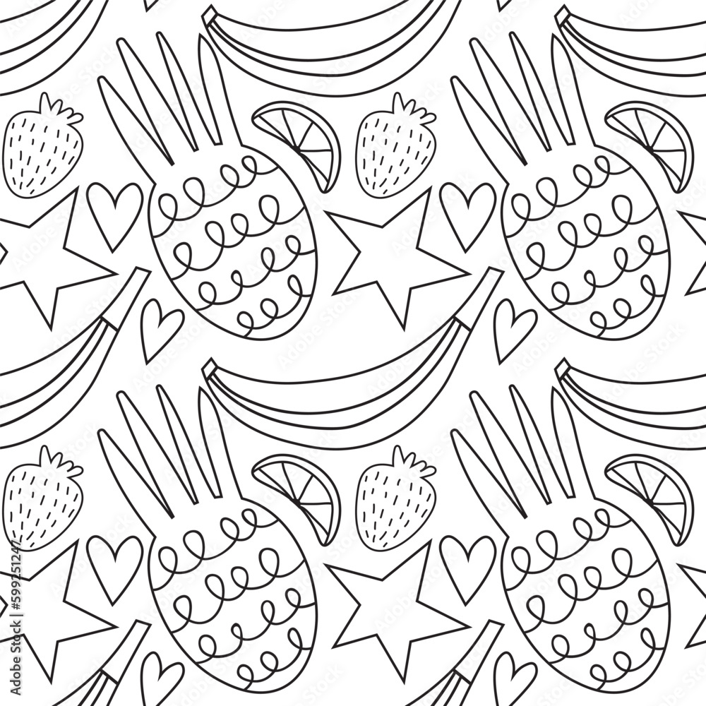Seamless pattern fruit line organic, healthy and vegan food packaging Fresh healthy organic food vector doodle hand drawn illustration. EPS