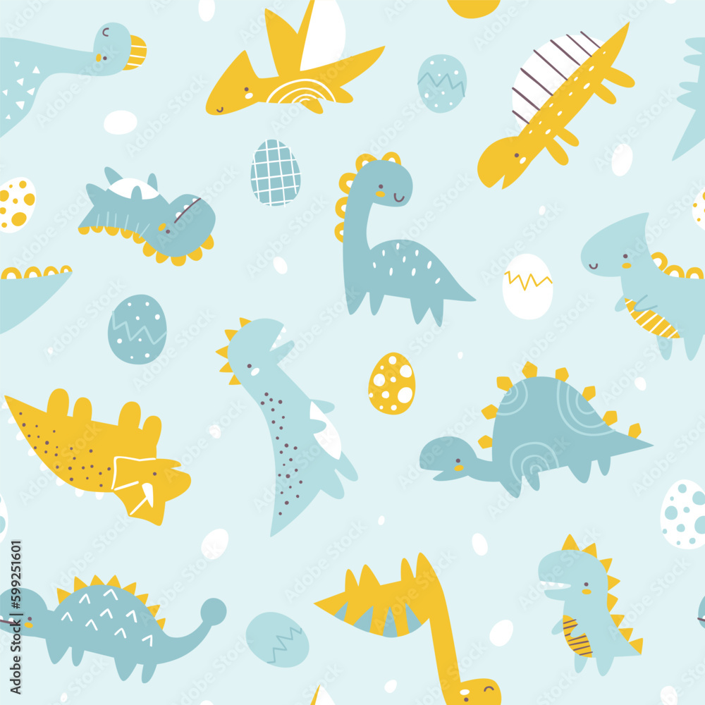 Seamless pattern with cute dino and eggs. Blue scandinavian print with cute dinosaurs for baby boys.