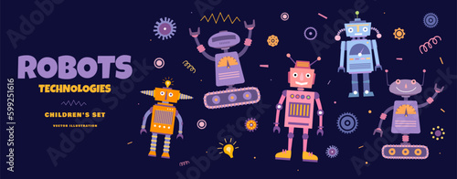 Large set of funny robots in a funny cartoon style. Template for use in the design of children's holidays robots, robotics festival banners. Funny vector illustrations on dark isolated background.