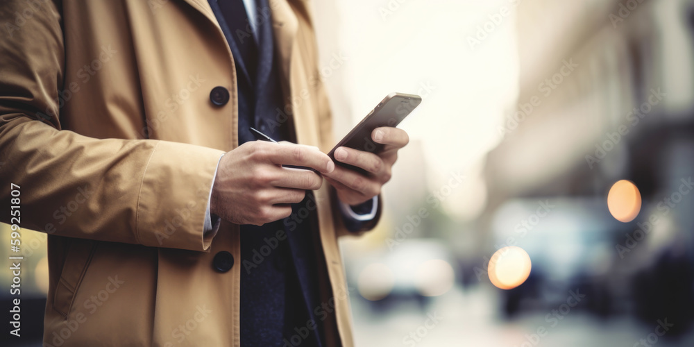 Close-up image of business man watching smart mobile phone device outdoors. Generative AI. Close-up image of business man watching smart mobile phone device outdoors. Generative AI.