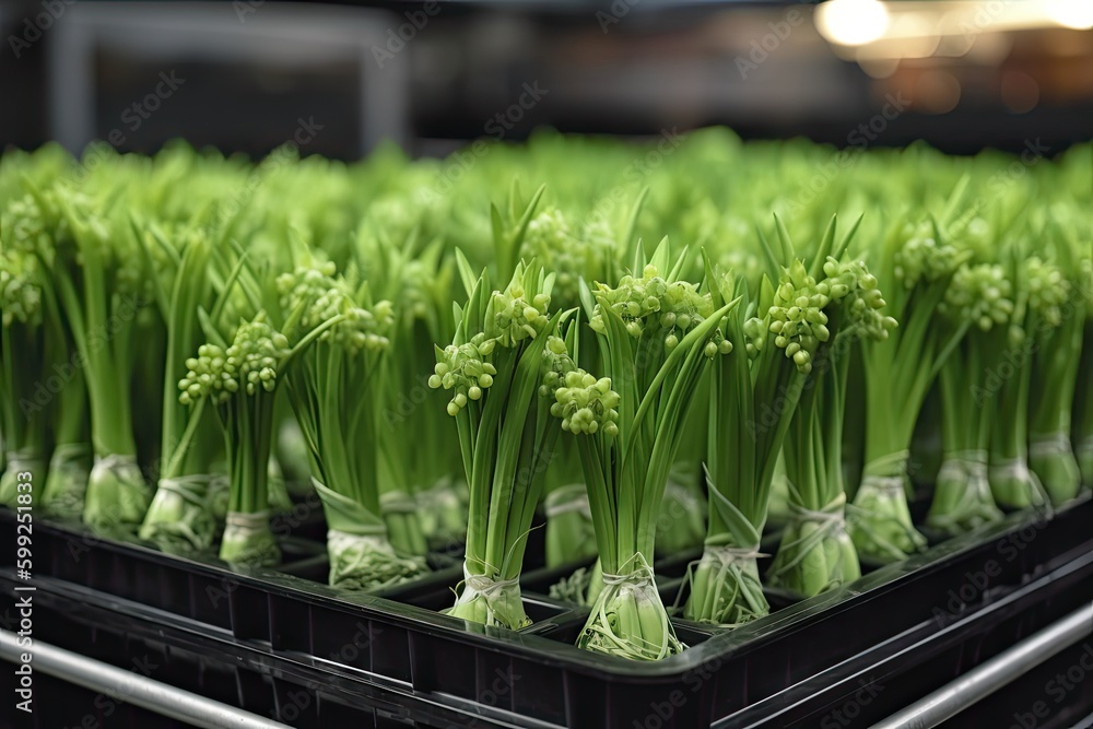 Allium family seedlings in multitray with onion, leek, chives, shallots