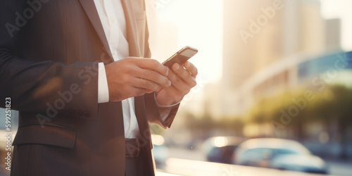 Close-up image of business man watching smart mobile phone device outdoors. Generative AI.