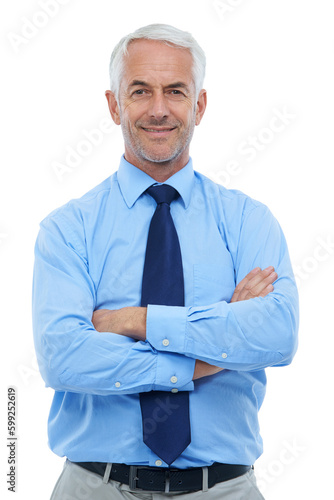 Hes found the success he deserves. Studio portrait of a mature businessman with his arms crossed isolated on white.