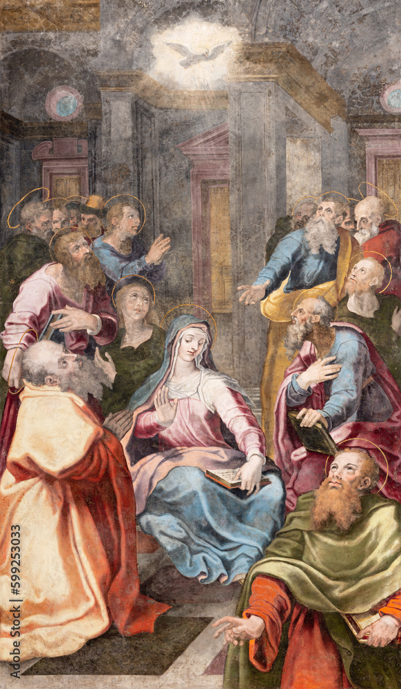 NAPLES, ITALY - APRIL 23, 2023: The fresco of  Pentecost in the church Chiesa di San Giovanni a Carbonara by unknown mannerist painter from years (1570 - 1575).