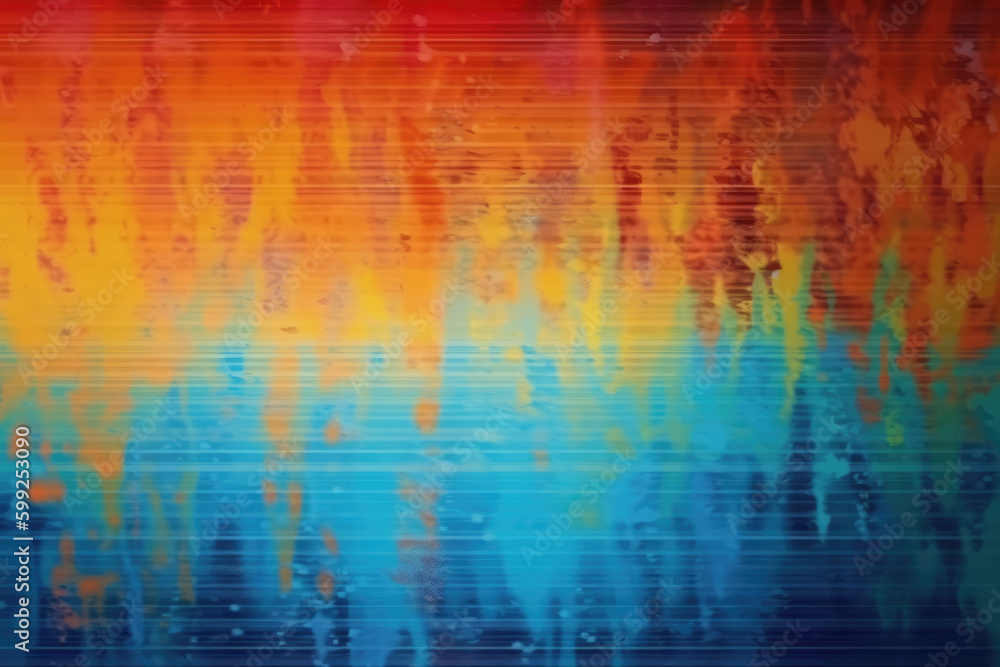 Colorful abstract background. Distressed texture. Wet distorted stained display with rainbow color gradient orange blue glitch defect dust scratches grain noise