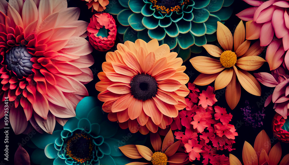 Beautiful colorful fantastic flowers on a black background as a bright floral pattern, generative AI - obrazy, fototapety, plakaty 
