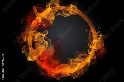 moke round frame. Ink water mix. Occult wheel. Explosion smog cloud. Orange red yellow color fume circle whirl glow on dark black abstract background