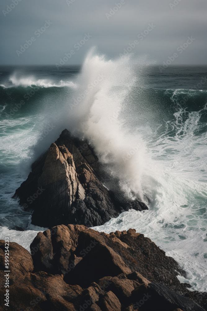 Fototapeta premium Wave crashing into rock generative AI