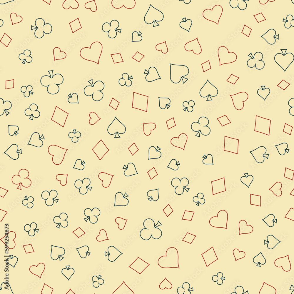 Symbols of Suits Card Seamless Pattern Background. Gambling hand drawn.