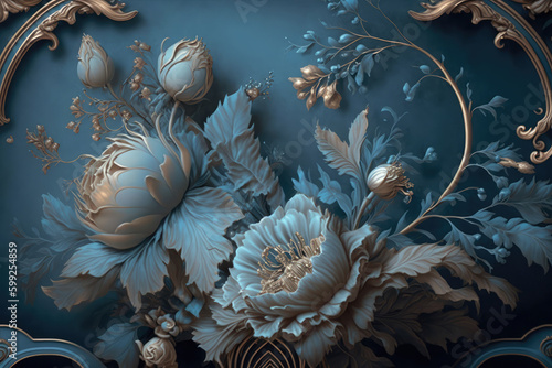 A wallpaper of a rococo blooms flowers dreamy intricate details pastel scheme blue gold tone fantasy fairytale aesthetic rococo luxurious style background, generative AI