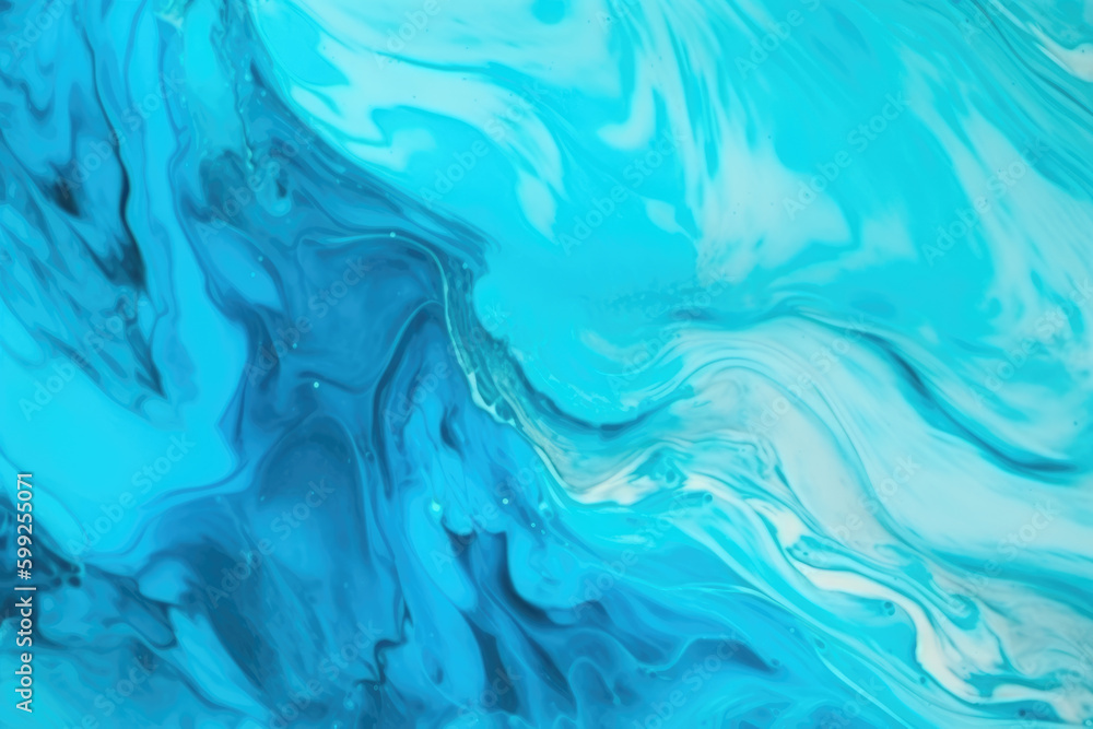 Acrylic ink water. Sea foam. Cyan blue ocean wave with white bubbles effect. Color gradient paint splash design. Smeared streak abstract pattern. Marble texture art background