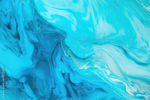 Acrylic ink water. Sea foam. Cyan blue ocean wave with white bubbles effect. Color gradient paint splash design. Smeared streak abstract pattern. Marble texture art background