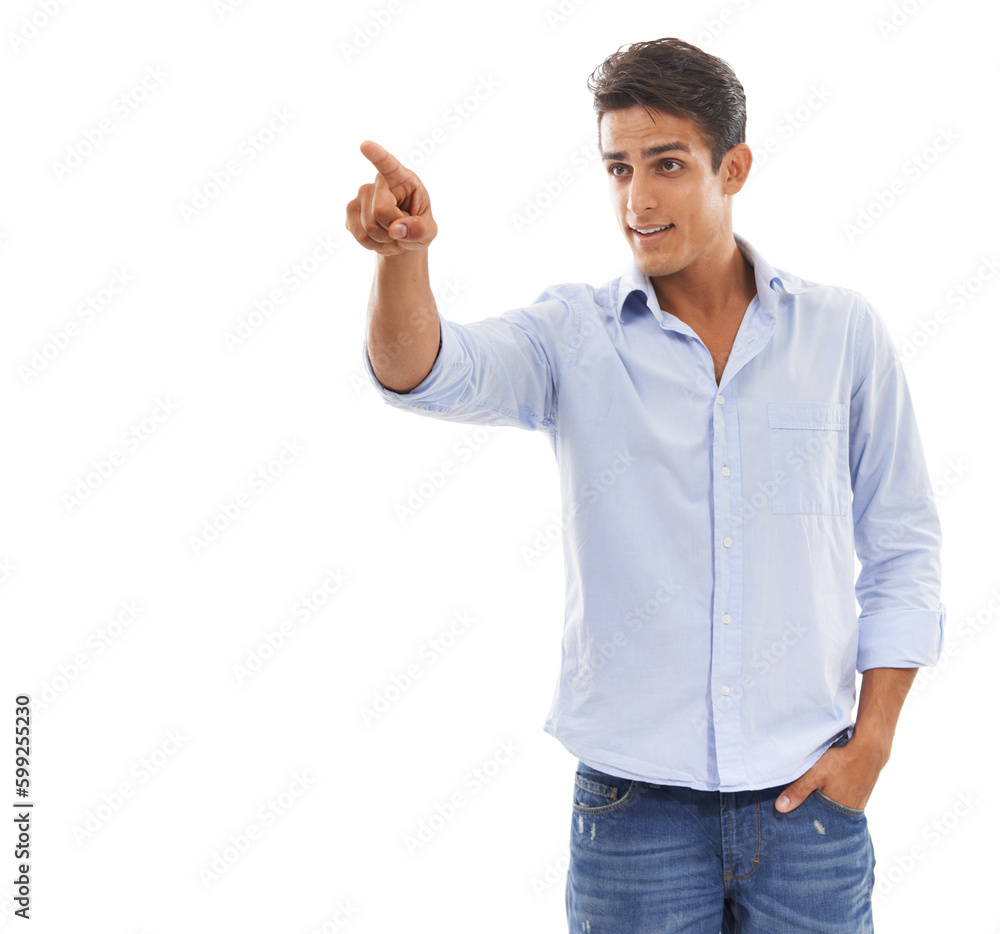 Thats the way we need to go. A handsome young man pointing his finger against a white background. Thats the way we need to go. A handsome young man pointing his finger against a white background.