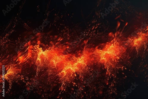 Fire dark background. Red sparks. Bokeh particles. Blur neon orange color burning flame sparkles on dark night black abstract free space wallpaper. CG Render 3D illustratio