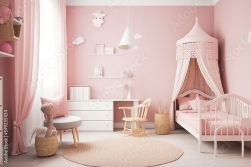 Cozy child room  light colors  modern kids bedroom and playroom. Generative ai.