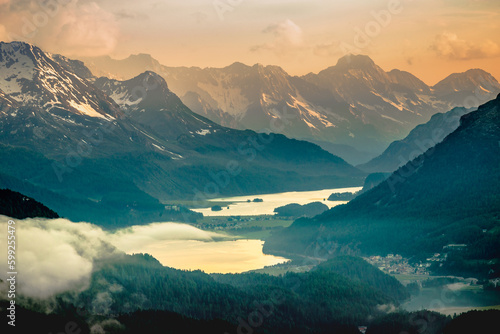 Obraz na płótnie Celerina an Engadine Lakes, St Moritz, Silvaplana and Maloja from Muottas Muragl w salonie