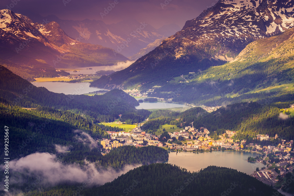 Celerina an Engadine Lakes, St Moritz, Silvaplana and Maloja from Muottas Muragl