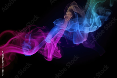 Color smoke background. Blur glow. Ultraviolet mist. Defocused neon pink blue purple light rays vapor floating on dark abstract free space