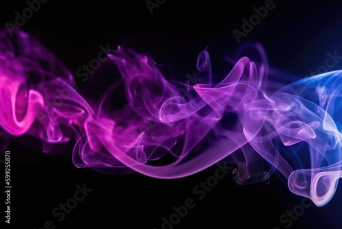 Color smoke background. Blur glow. Ultraviolet mist. Defocused neon pink blue purple light rays vapor floating on dark abstract free space