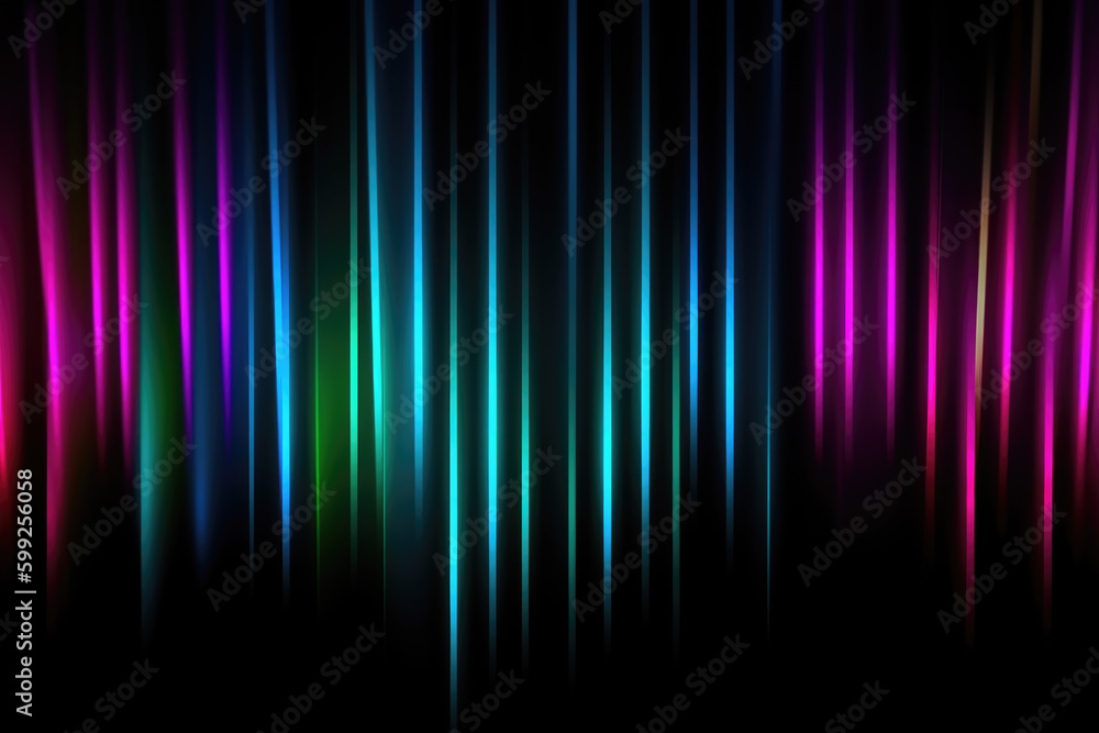 Neon gradient rays. Music abstract background. Festival illumination. Defocused fluorescent green pink blue color light on dark black free space poster