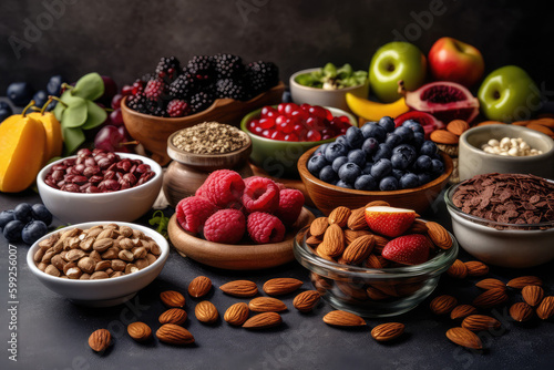 Selection of healthy food. Superfoods, various fruits and assorted berries, nuts and seeds, generative AI